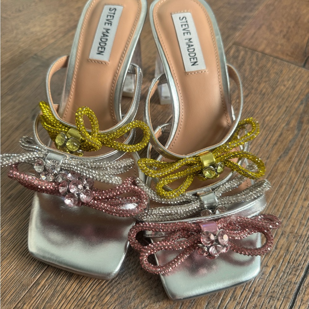 Steve Madden Silver Heeled Sandals with Pink and Yellow Jeweled Bows